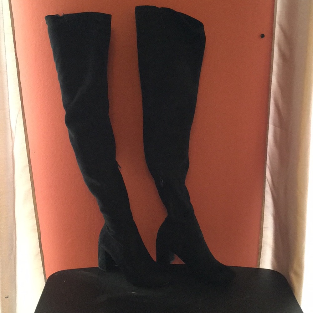 Thigh High Black Suede Heel Boots